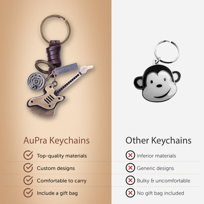 Electric Guitar Keychain Charm – Handmade Vintage Leather – Musical Gift Keyring