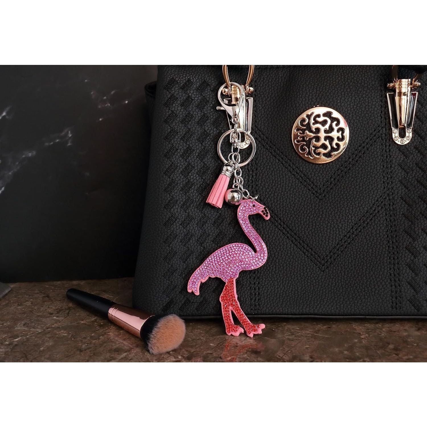 Pink Flamingo Crystal Keychain – Velvet Sparkle Tassel Charm – Clip Bag Keyring Gift for Girls-AuPra