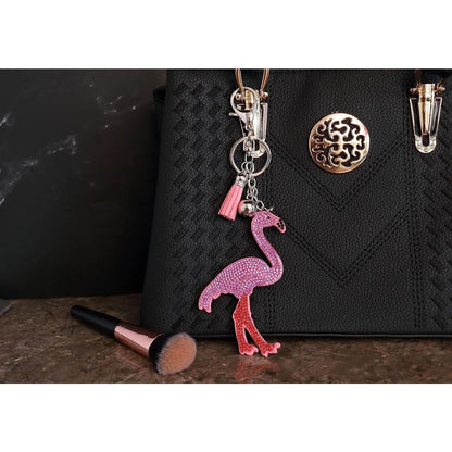 Pink Flamingo Crystal Keychain – Velvet Sparkle Tassel Charm – Clip Bag Keyring Gift for Girls-AuPra