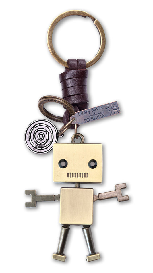 3D Robot Keychain Charm – Handmade Vintage Leather – Funny Gift Keyring