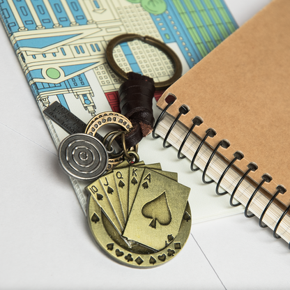 Poker Cards Keychain Charm – Handmade Vintage Leather – Lucky Casino Gift Keyring