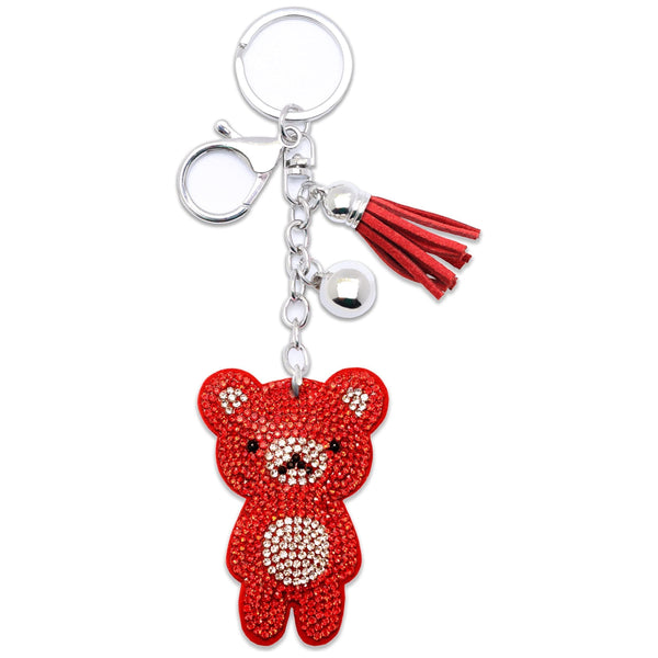 Red crystal teddy bear keychain with sparkle charm and clip ring