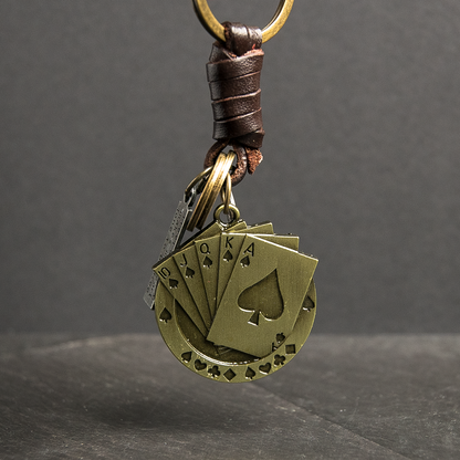 Poker Cards Keychain Charm – Handmade Vintage Leather – Lucky Casino Gift Keyring